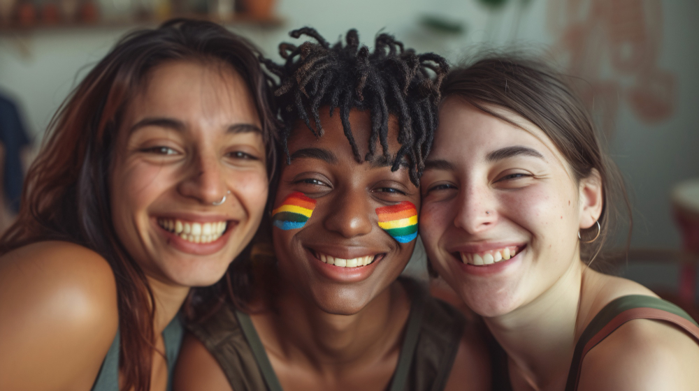 Três mulheres sorrindo. A imagem representa 5 melhores destinos internacionais para a comunidade LGBTQIAPN+.