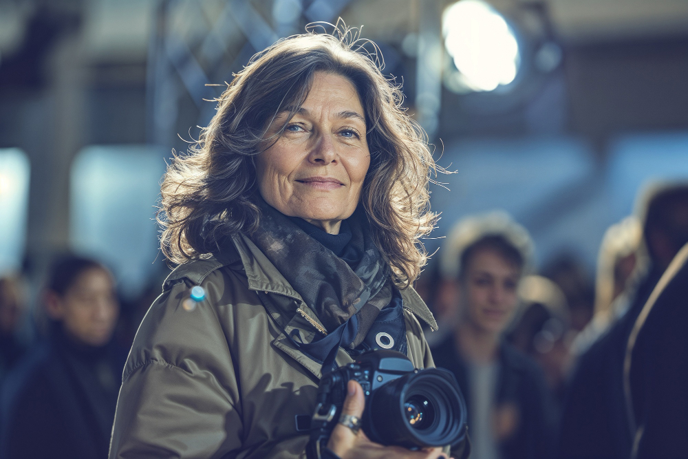 Uma mulher mais velha, segurando uma câmera. A iamgem representa filmes dirigidos por mulheres.