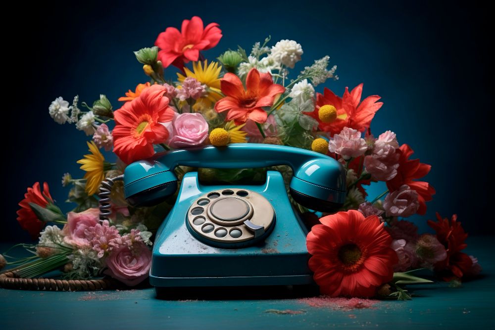 Um telefone antigo com flores em volta. A imagem representa linhas telefônicas lésbicas.