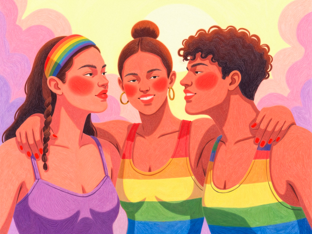 Um desenho de três jovens, vestem regatas com as cores da bandeira LGBT+ e estão abraçados. A imagem representa personagens queer.
