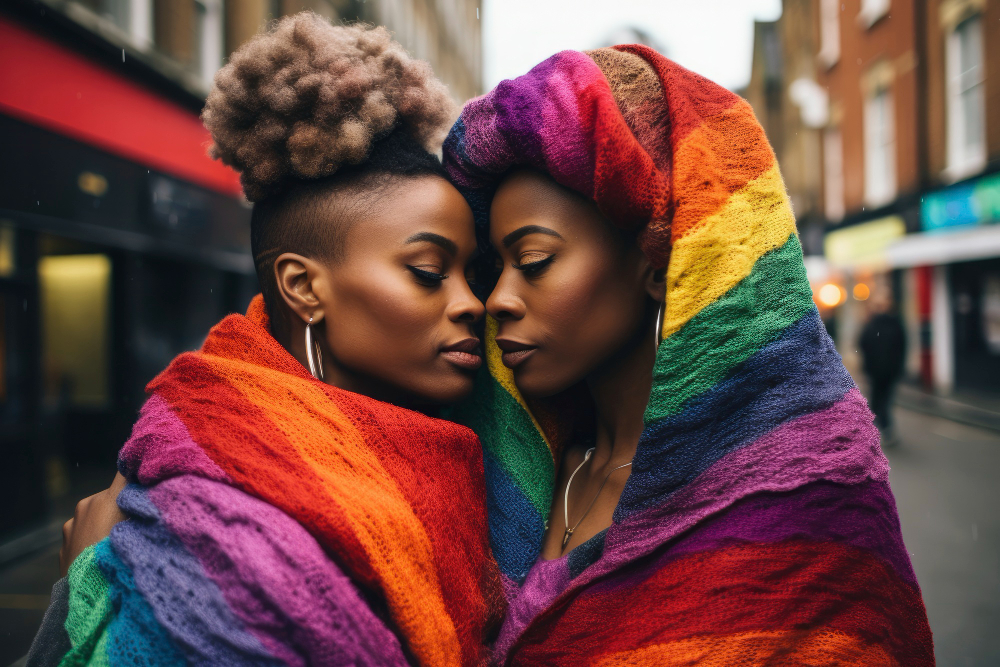 Um casal lésbico com a bandeira do orgulho, elas estão com os rostos encostados. A imagem representa Ultimate: Queer Love.