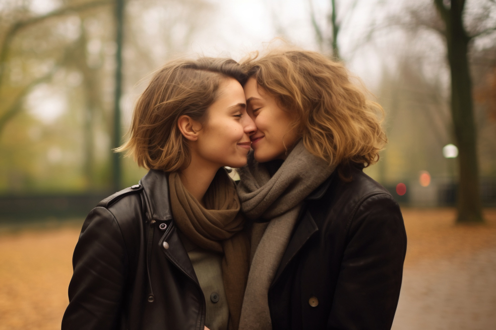 Um casal de mulheres com os rostos colados e sorrindo. Elas estão com roupas de frio. A imagem representa os melhores casais lésbicos da ficção.
